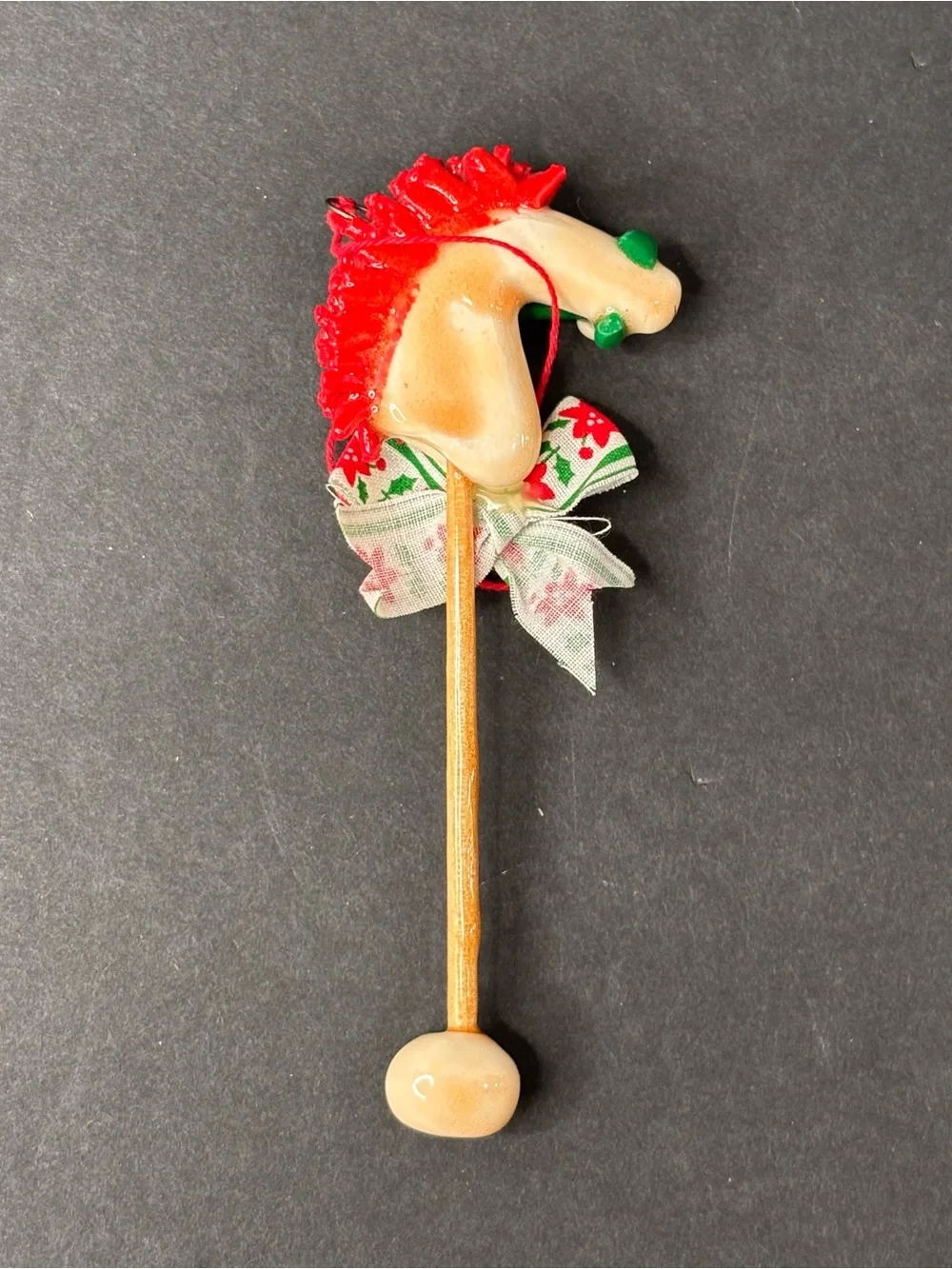 Vintage Salt Dough Christmas Ornament Hand Made Stick Horse With Bow 4.5”